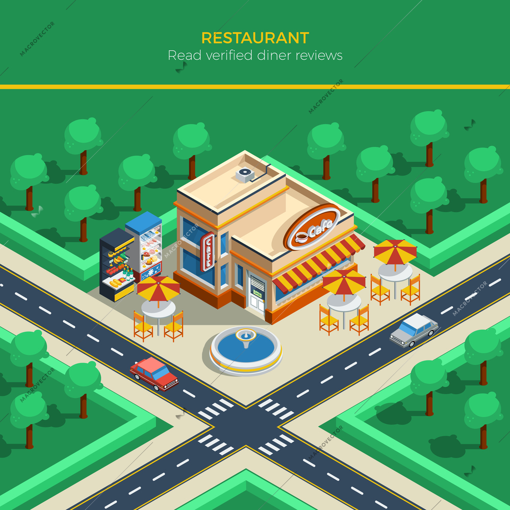 Top view on isometric city landscape with crossroad restaurant building fountain and tables under umbrellas on sidewalk vector illustration