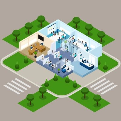 Isometric abstract scheme of ordinary one storied office with room interior staff and territory beside vector illustration