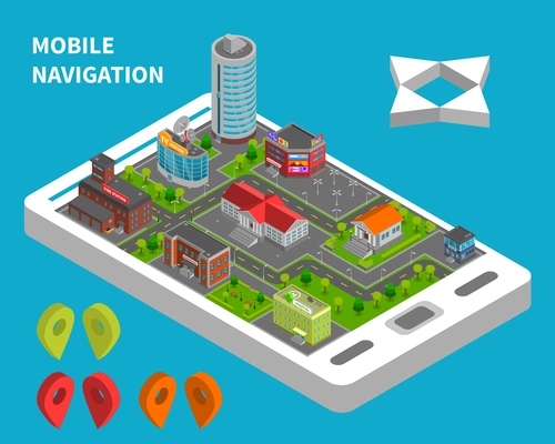 City constructor isometric vector illustration for mobile navigation service with urban landscape on phone screen