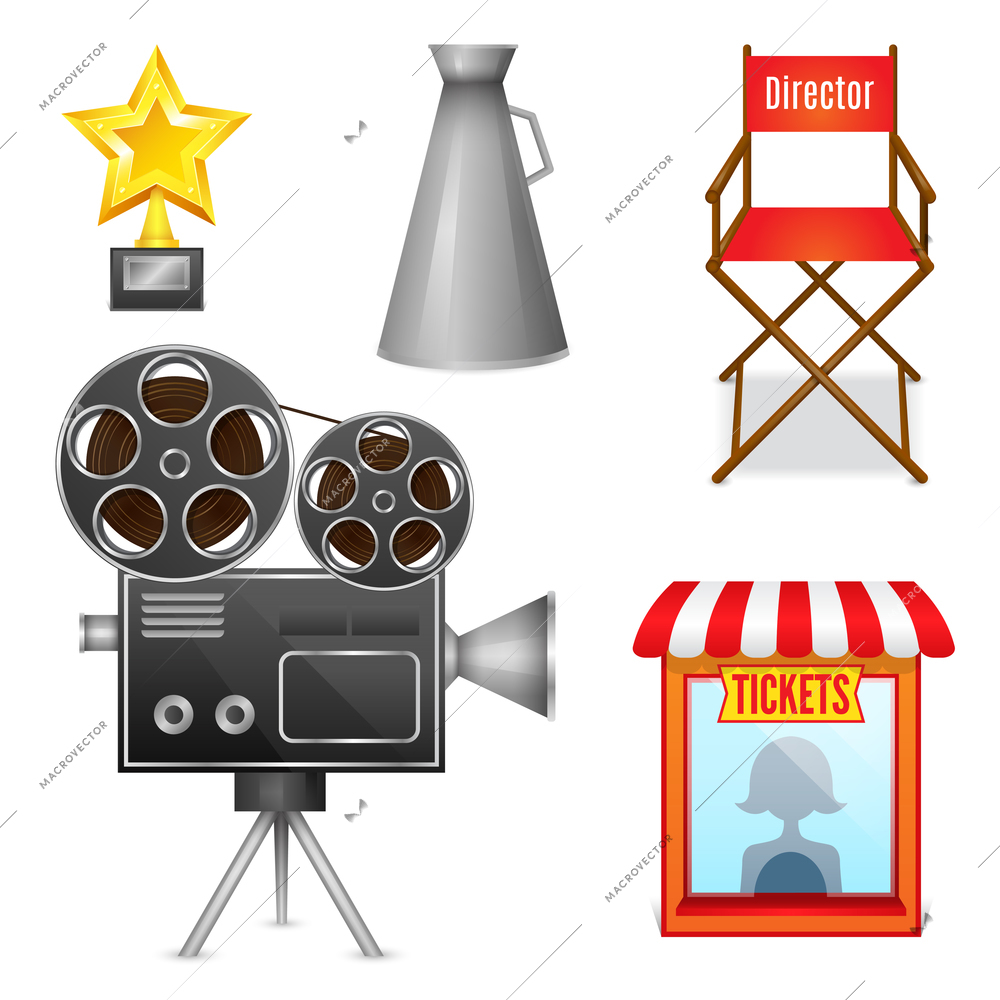 Cinema entertainment decorative icons set of camera film projector ticket booth and director chair design elements isolated vector illustration