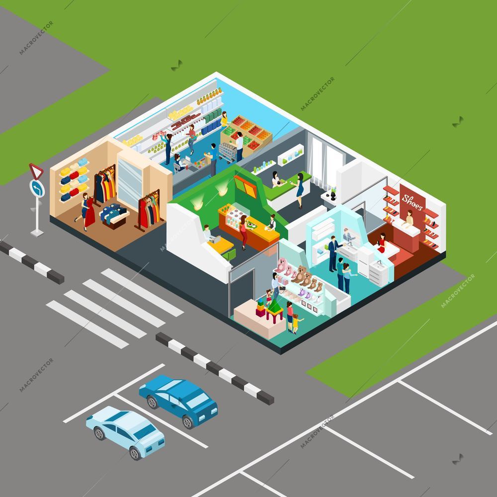 Shopping mall Isometric icons in scheme of one storied shopping center with parking place beside vector illustration