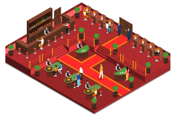 Casino isometric interior with game room bar slots and playing people vector illustration