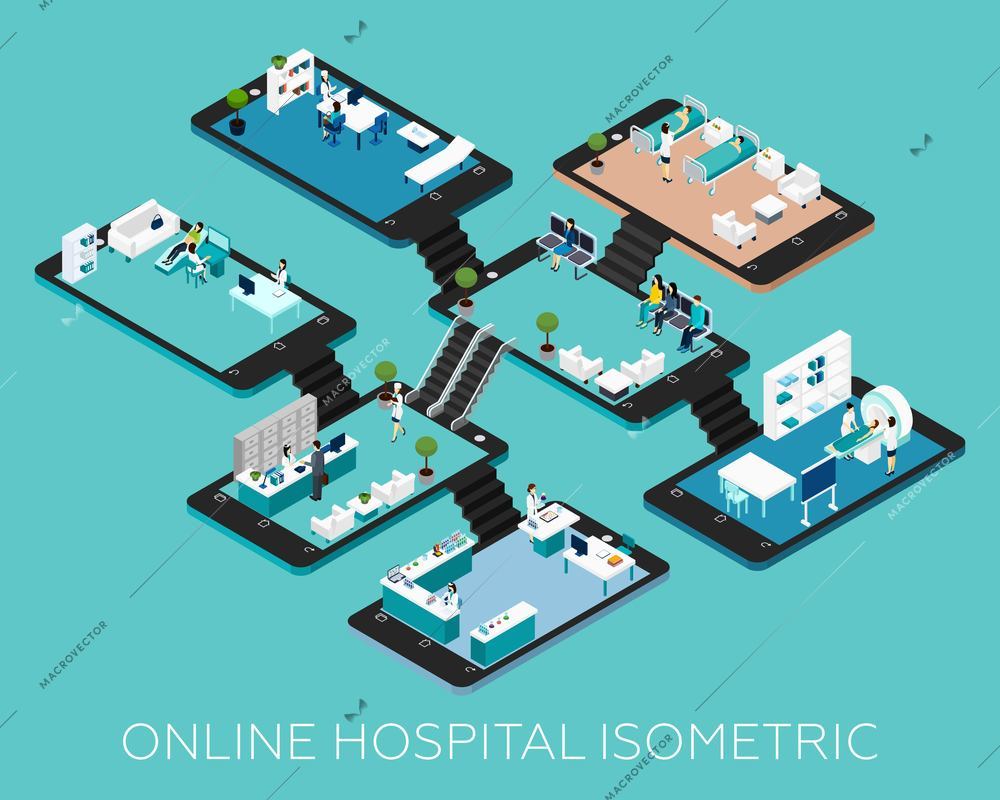 Online hospital isometric conceptual scheme icons with abstract rooms and stuff placed on smartphone bases vector illustration