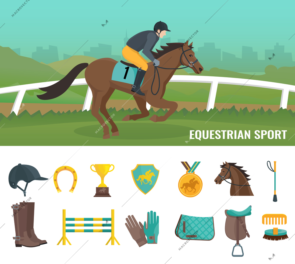 Set of color flat icons showing equipment jockey and equestrian sport vector illustration