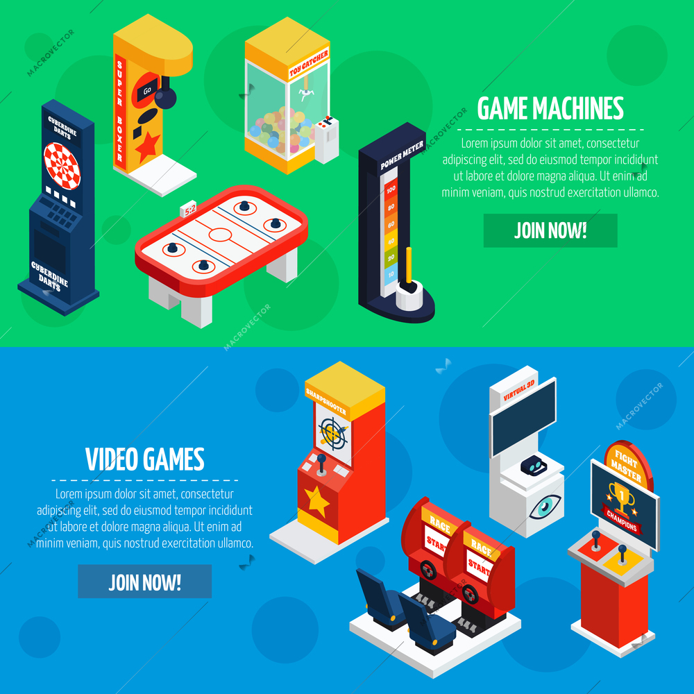 Slot machines 2 isometric banners webpage design with video games to play online abstract isolated vector illustration
