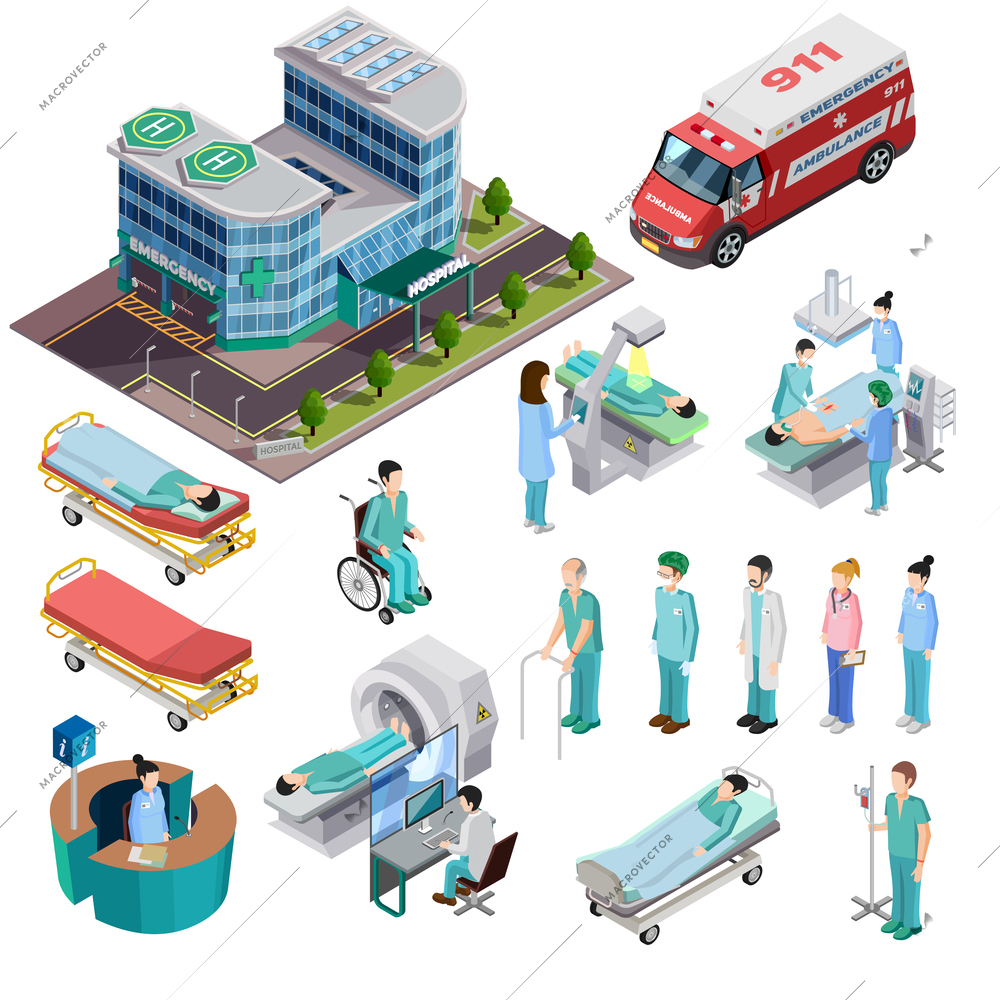 Hospital isometric isolated icons set of clinic building ambulance car diagnostic equipment patients and medical staff vector illustration