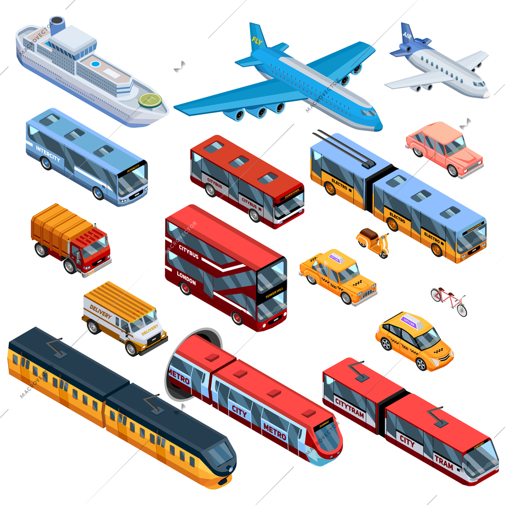 Isometric icons set of air water and land passenger transport with city bus city tram plane and delivery automobile isolated vector illustration