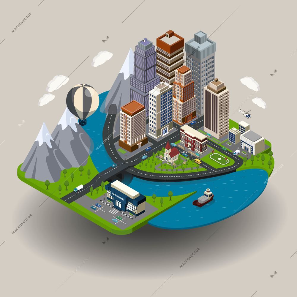 Isometric city icon with buildings street skyscrapers and other ordinary elements like school church clinic vector illustration