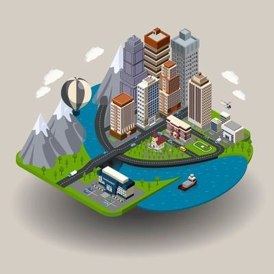 Isometric city icon with buildings street skyscrapers and other ordinary elements like school church clinic vector illustration