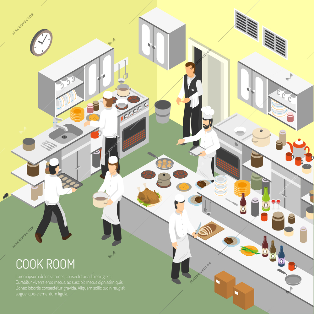 Restaurant cooking room with chefs commercial equipment for frying and baking dishes isometric poster abstract vector illustration