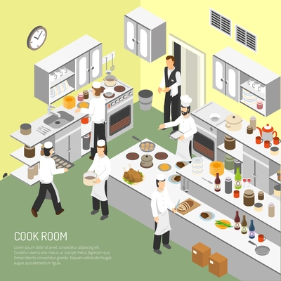 Restaurant cooking room with chefs commercial equipment for frying and baking dishes isometric poster abstract vector illustration