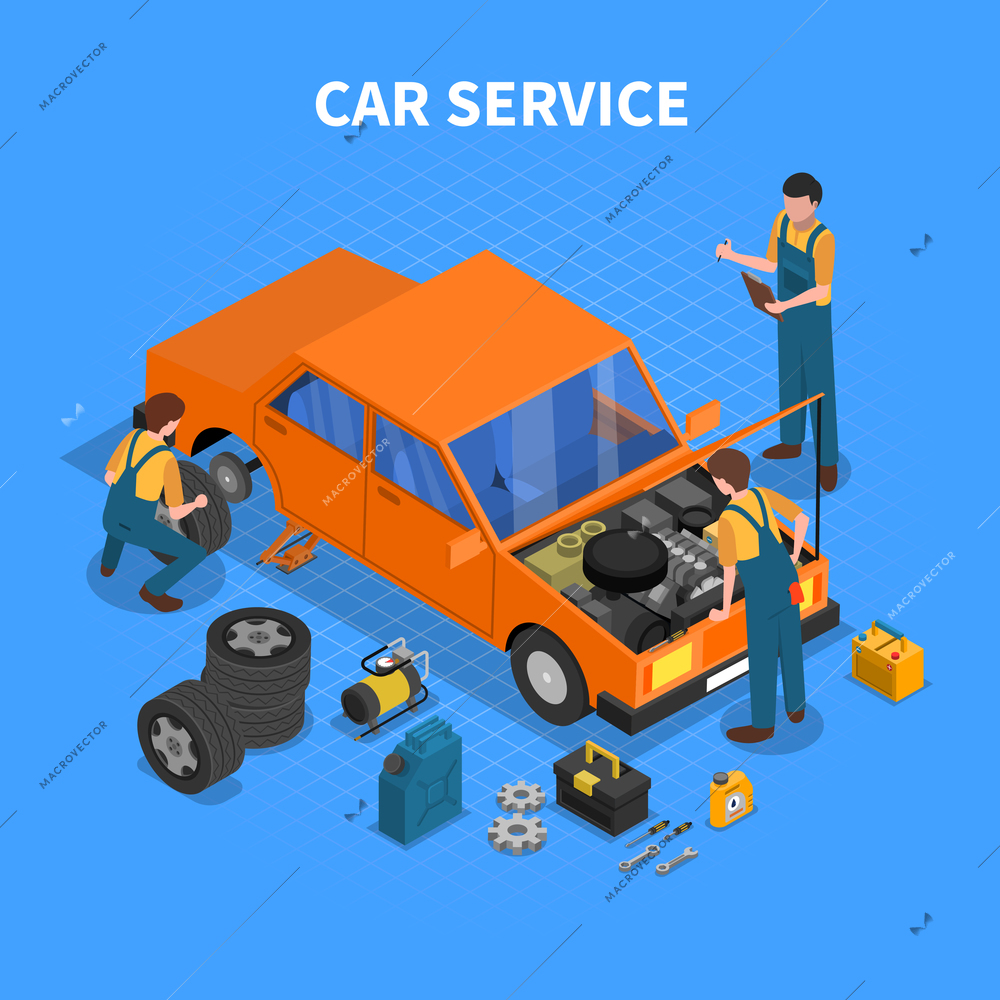 Car service work process isometric with workers repairing and testing the car and different tools around vector illustration