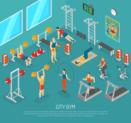 City fitness workout gym center with equipment for strength and cardio exercises isomeric poster abstract vector illustration