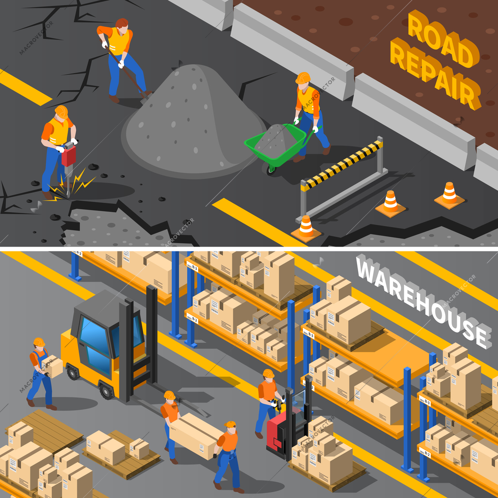 Workers Isometric Concept. Road Workers Horizontal Banners. Construction Workers Vector Illustration. Warehouse Workers Set. Workers Design Symbols.Workers Elements Collection. Worker People Compositions.