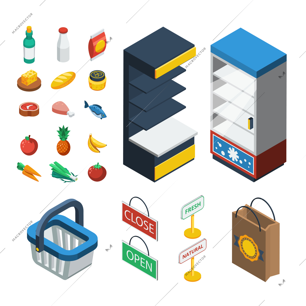 Supermarket isometric icon set with isolated elements of food equipment and grocery attributes vector illustration