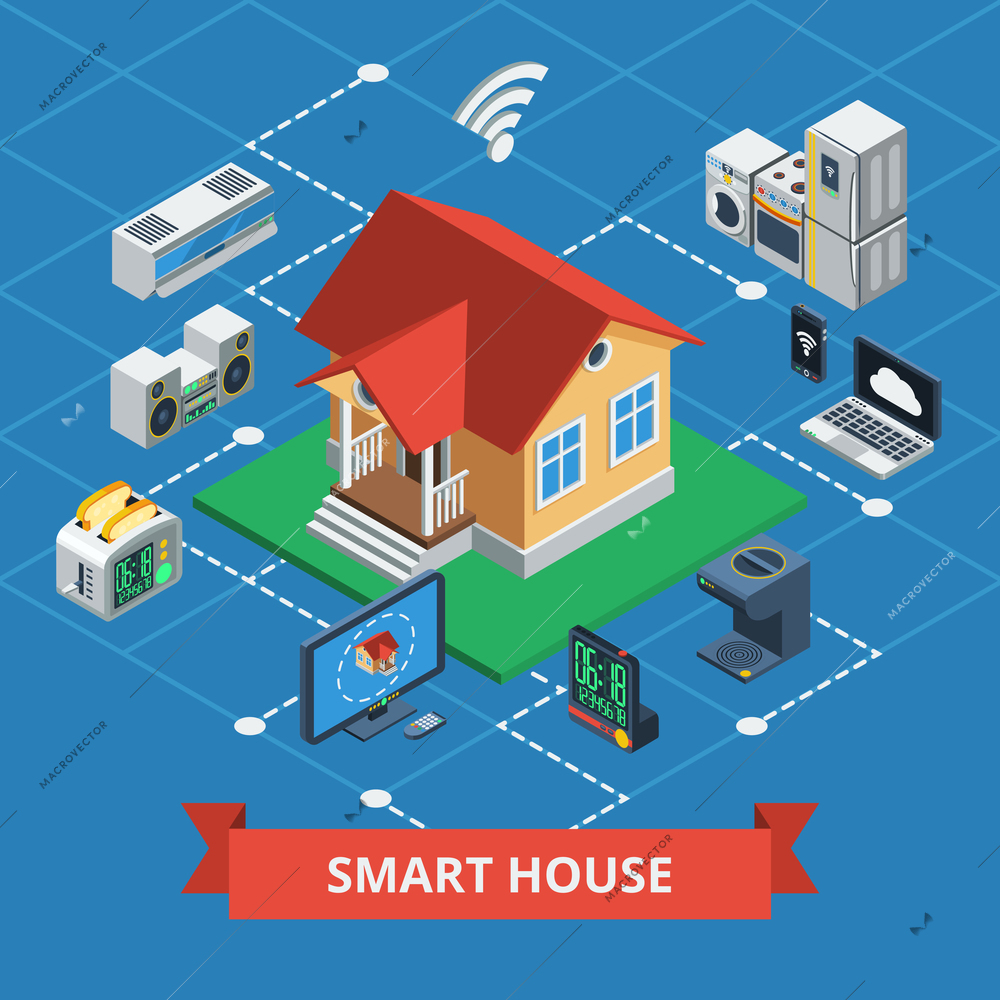 Smart house isometric concept with variants of wireless domestic device control on plot style background vector illustration