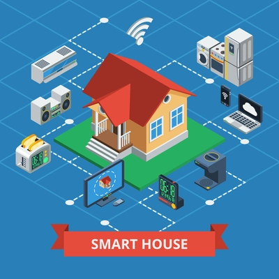 Smart house isometric concept with variants of wireless domestic device control on plot style background vector illustration