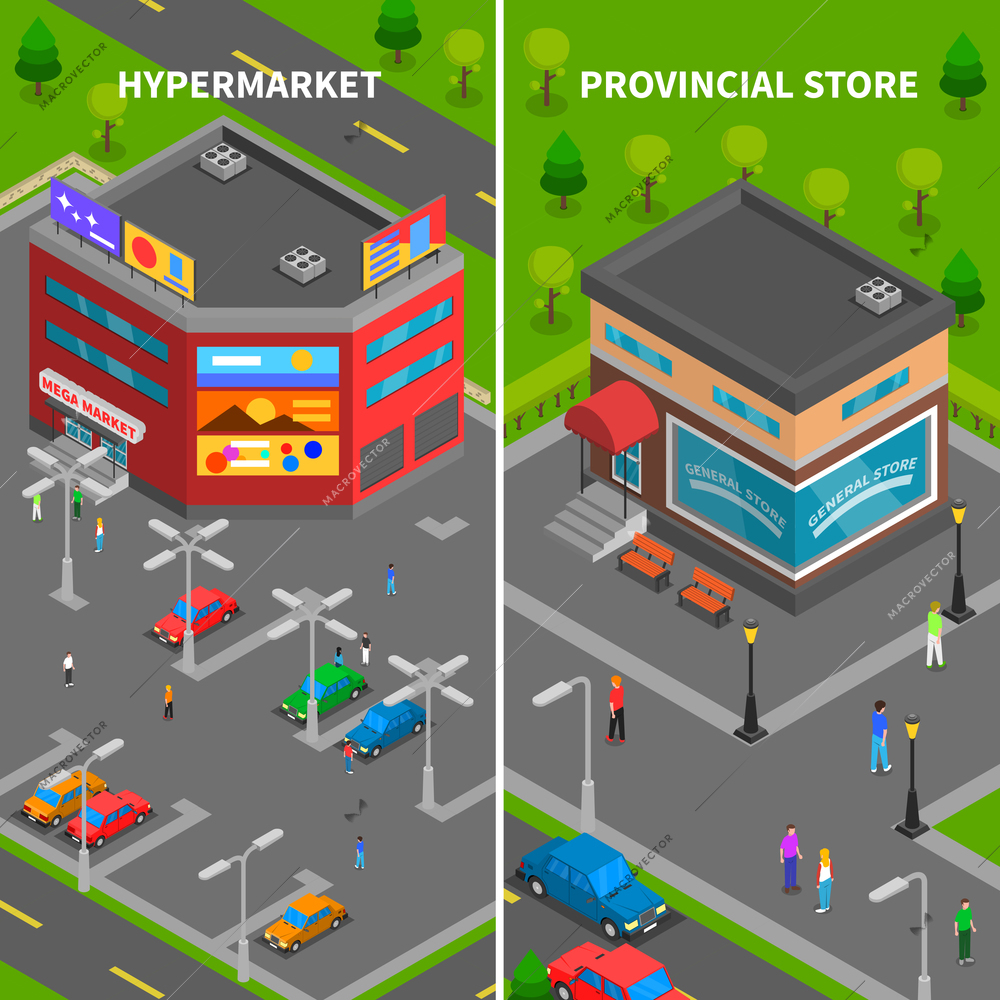 Store buildings isometric vertical banners set of hypermarket and provincial store top view with car parking and people vector illustration