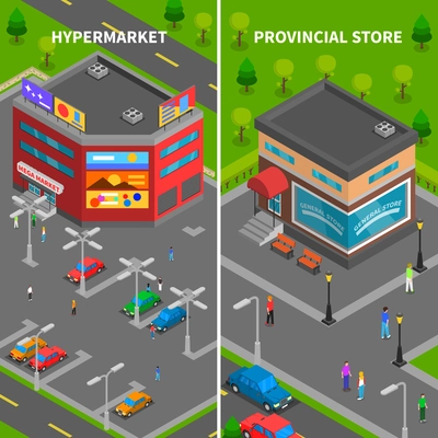 Store buildings isometric vertical banners set of hypermarket and provincial store top view with car parking and people vector illustration