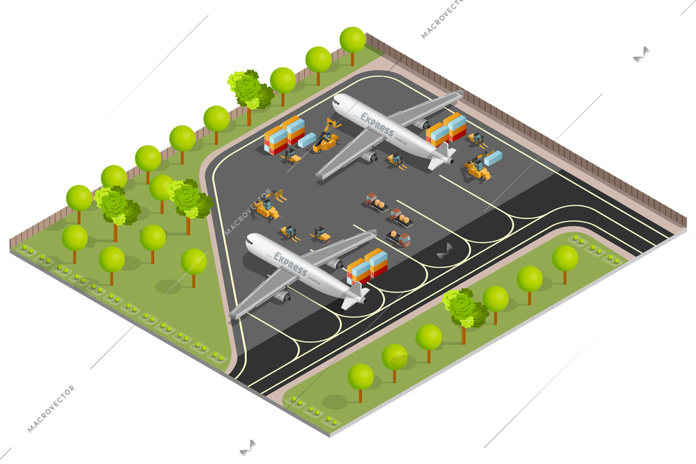 Isometric image of two cargo air planes of express logistics loaded with containers vector illustration