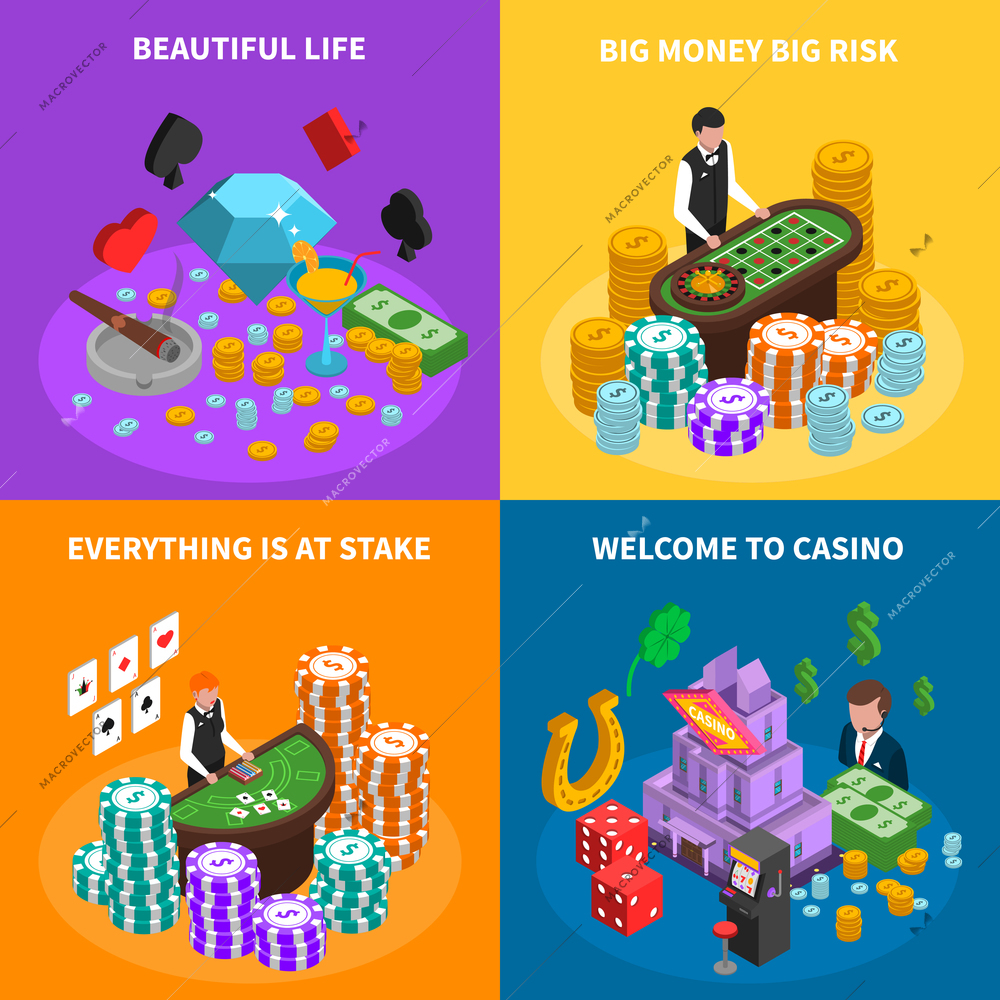 Casino 2x2 isometric design concept with game attributes croupier at poker game and roulette tables  and luck symbols vector illustration