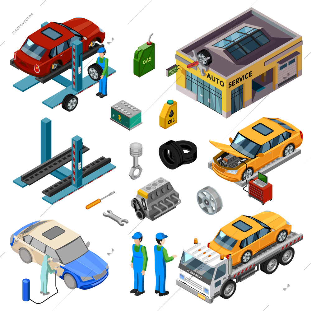 Car service isometric decorative icons set with workshop tow truck jack mechanic tools for repair and working staff vector illustration