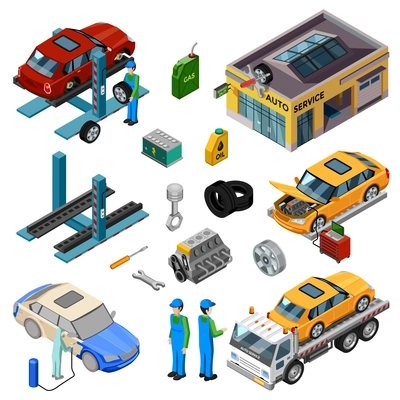 Car service isometric decorative icons set with workshop tow truck jack mechanic tools for repair and working staff vector illustration