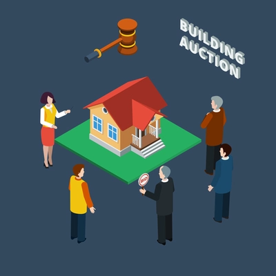 Building auction isometric flat icon set with binding people and female auctioneer vector illustration