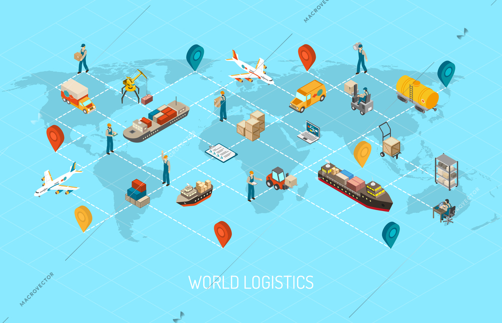 International logistic company worldwide operations with cargo distribution shipment and transportations map isometric poster abstract vector illustration