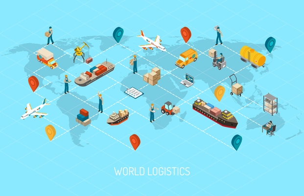 International logistic company worldwide operations with cargo distribution shipment and transportations map isometric poster abstract vector illustration