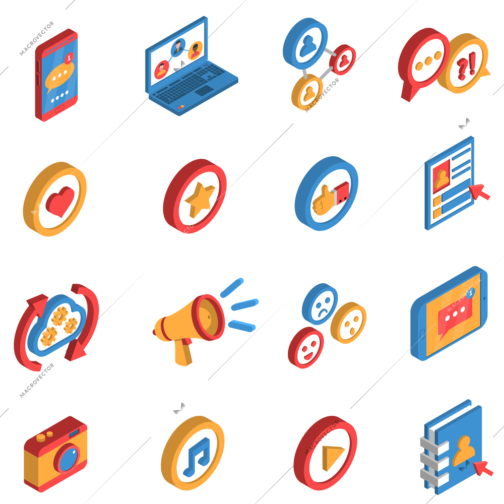 Isometric isolated icon set  with decorative colorful symbols and elements of social network and internet vector illustration