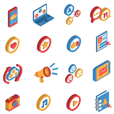 Isometric isolated icon set  with decorative colorful symbols and elements of social network and internet vector illustration