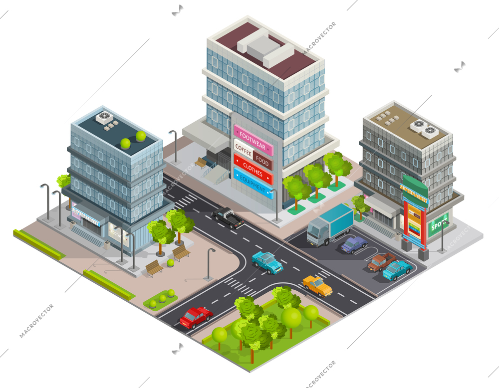 City shopping center in business district area street view with buildings complex and parking isometric vector illustration