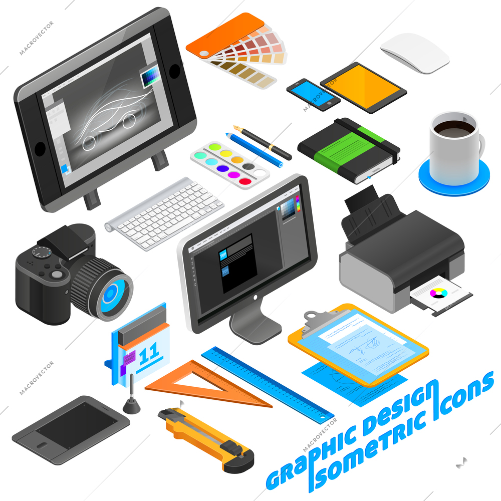 Graphic design isometric icons set with computer and camera isolated vector illustration