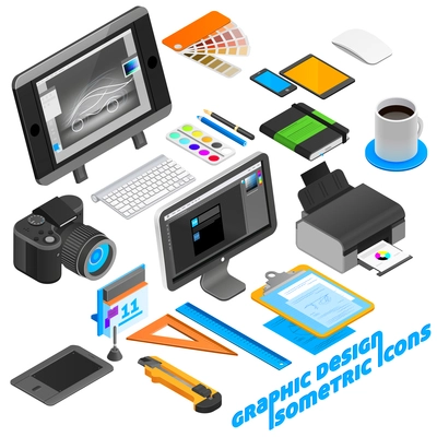 Graphic design isometric icons set with computer and camera isolated vector illustration