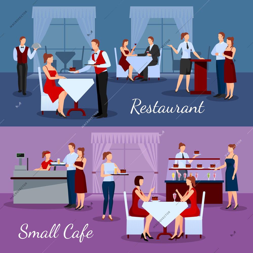 Catering compositions set with restaurant and small cafe symbols flat isolated vector illustration