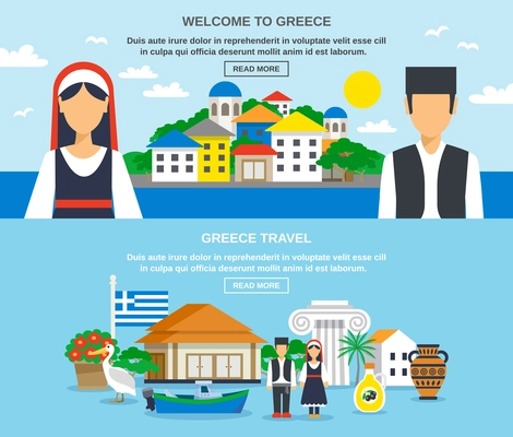 Two flat colorful banner set with invitation to visit Greece for everyone and antique buildings vases and traditional elements vector illustration