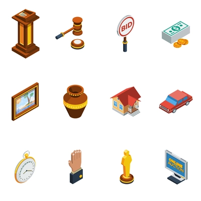 Isometric auction isolated icon set with different elements of bid process vector illustration