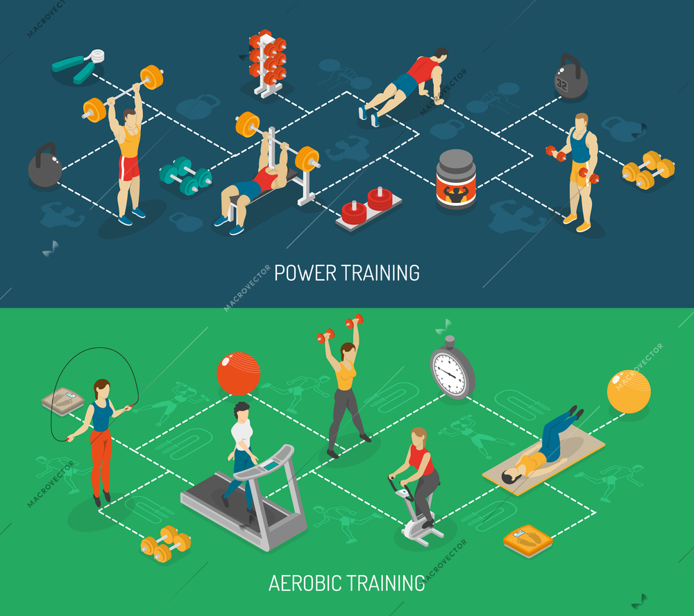 Weight strength and fitness training in sport center 2 isometric horizontal banners set abstract isolated vector illustration