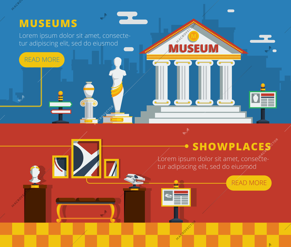 Museum banner set with museum abstract flat outside view and conceptual interior of exhibition vector illustration