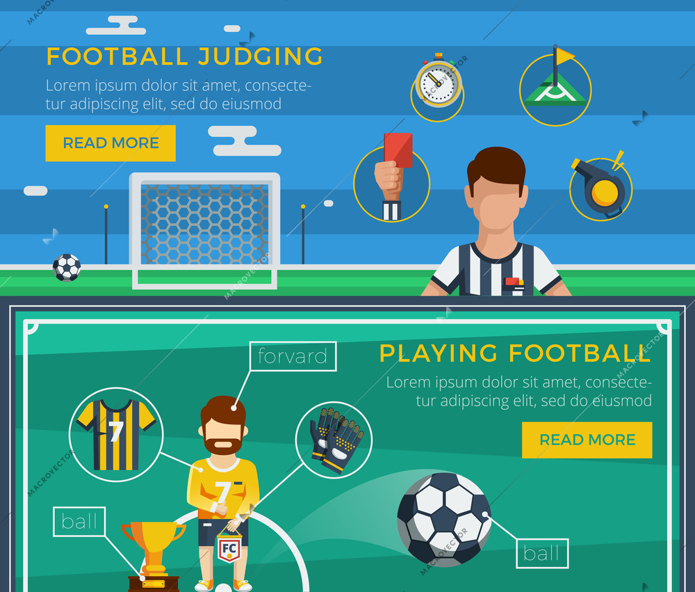 Football banner set with examples of an ordinary equipment of the judge and the player vector illustration