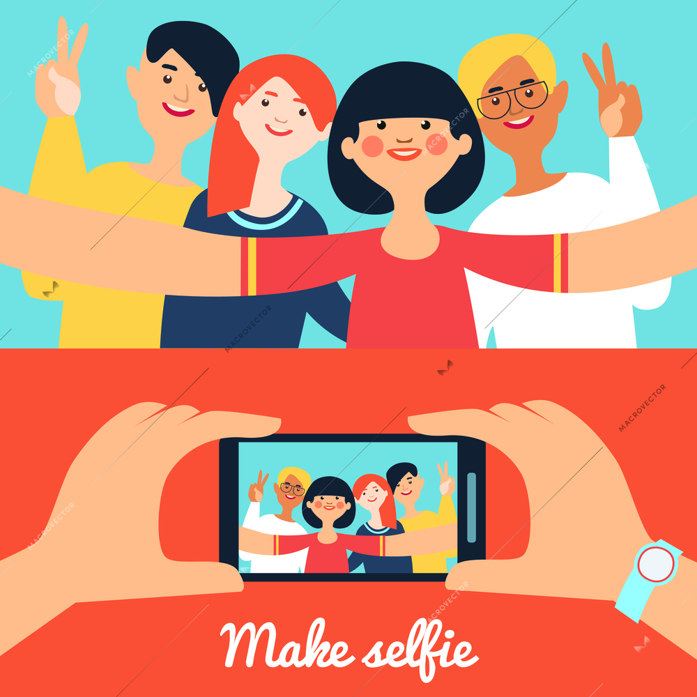 Selfie photo of friends banners with young happy people and portrait on phone screen isolated vector illustration