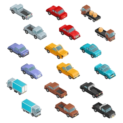 Road transport vehicles carryings passengers and cargo automobiles colorful  isometric icons collection abstract isolated vector illustration