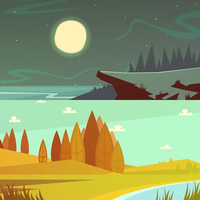 Camping and nature at daytime and night horizontal cartoon banners set isolated  vector illustration