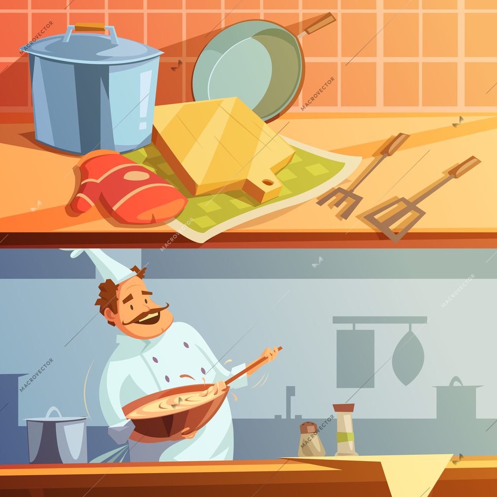 Cooking cartoon horizontal banners set with chef and kitchen utensils isolated vector illustration