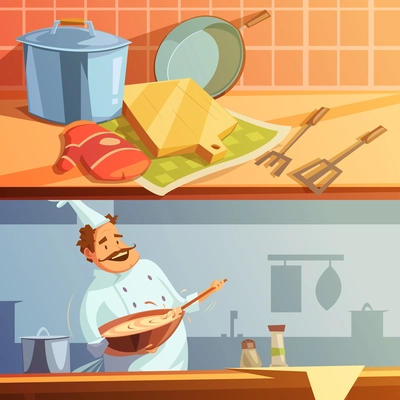 Cooking cartoon horizontal banners set with chef and kitchen utensils isolated vector illustration