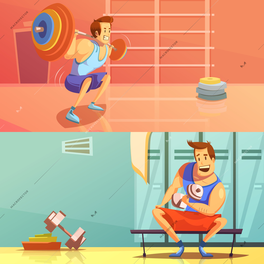 Gym horizontal banners set with weightlifting symbols cartoon isolated vector illustration
