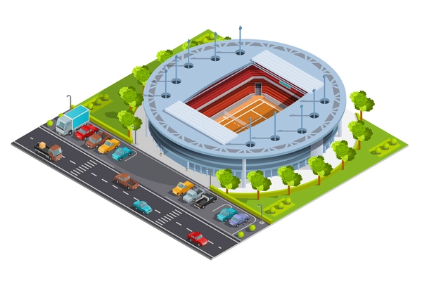 Tennis sport complex with open court stadium for championships training and matches isometric banner abstract vector illustration