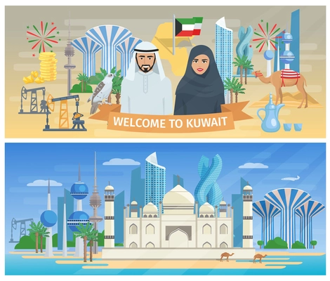 Kuwait banner set with welcome text on the ribbon  people in traditional costumes on the national symbols background vector illustration