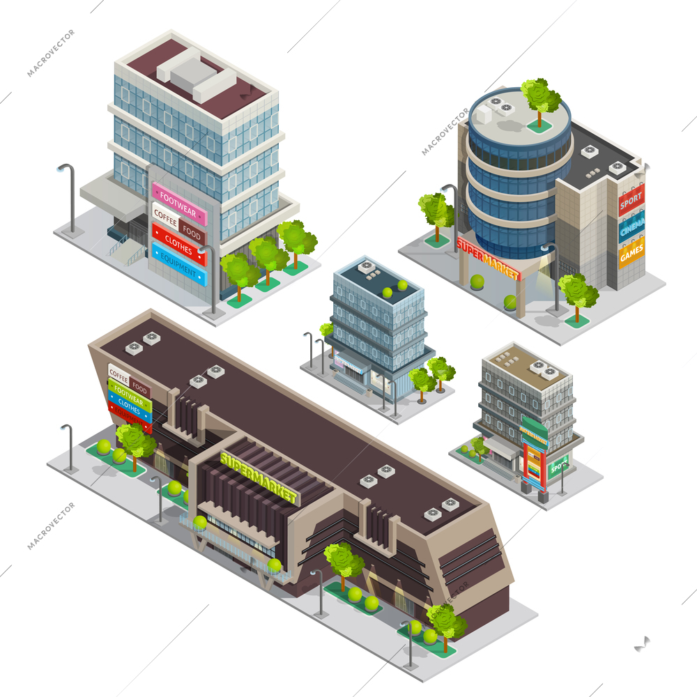 Modern city shopping center complex isometric composition with supermarket and department store buildings abstract vector illustration